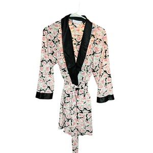 Oscar de la Renta Pink Label satin pink floral belted short bath lounge robe S-M
